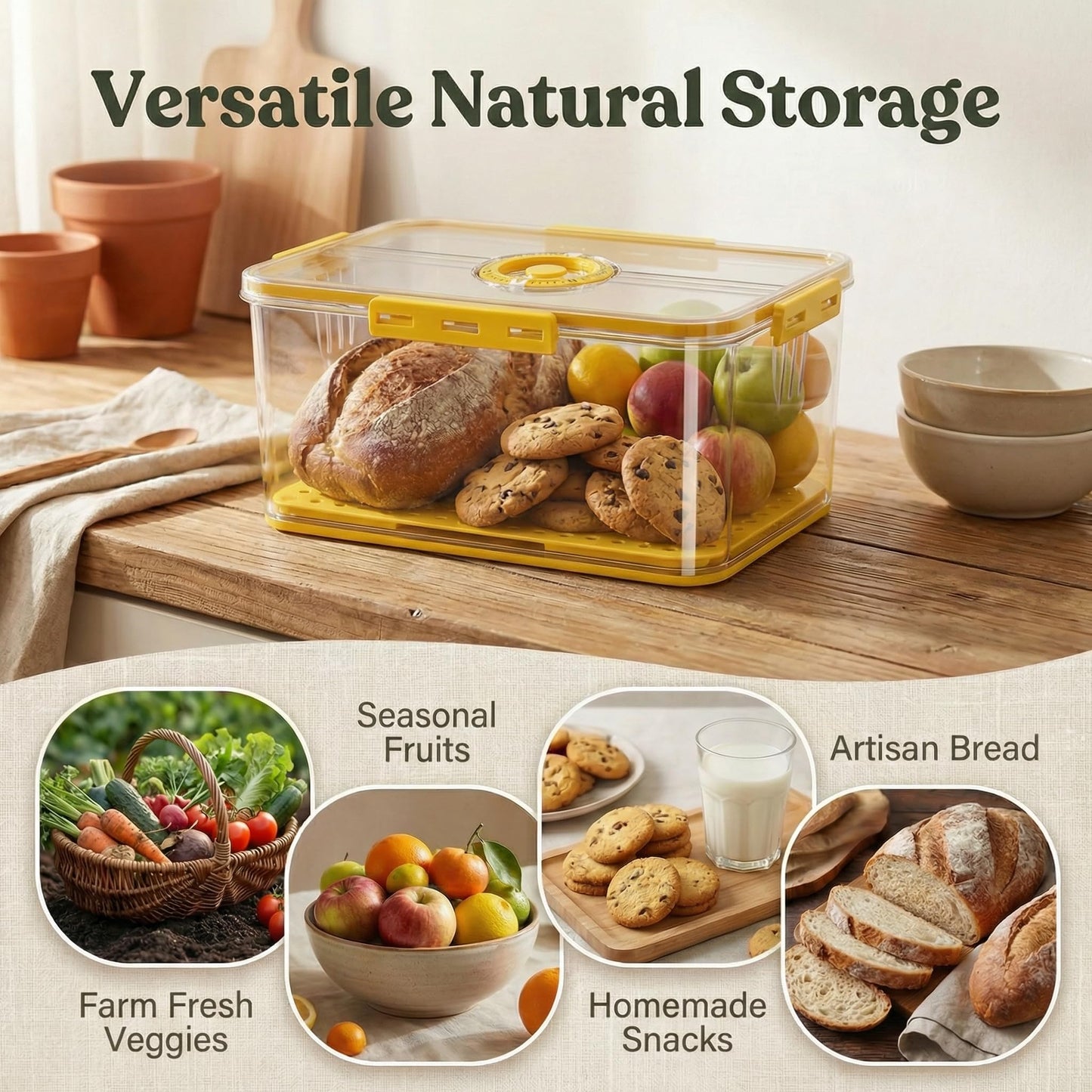 Airtight Bread Box, Portable Kitchen Storage Bin with Date Reminder Lid, Ideal for Storing Bread, Toast, Bagels, Pastries and Fruits on Countertop (Yellow)