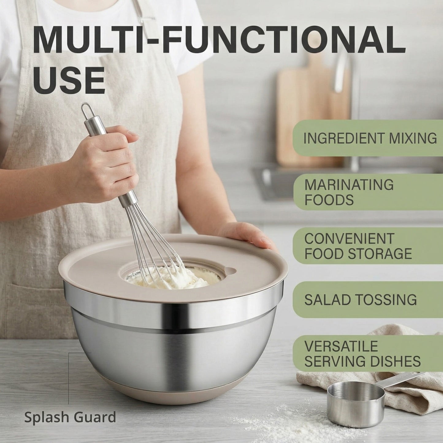 15-Piece Stainless Steel Mixing Bowl Set with Lids & Grater Attachments — 6 Nesting Sizes (7, 4, 2.5, 2, 1.5, 1 QT ), Non-Skid Silicone Base, Kitchen Prep Tools