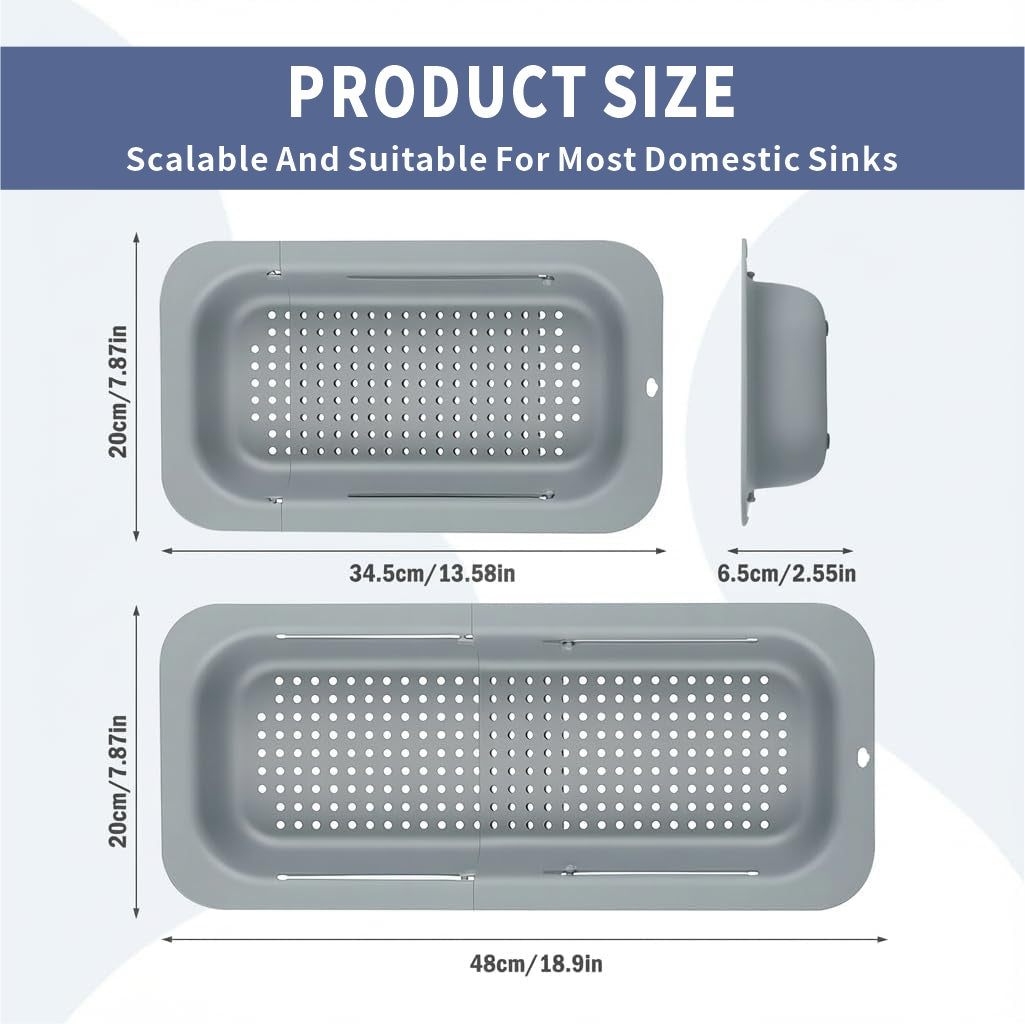 Extendable Over Sink Colander, 13.58-18.9 Inch Expandable Drain Basket, Ideal for Washing Produce & Draining Noodles, Fits Most Household Kitchen Sinks (Grey, 1 Pack)