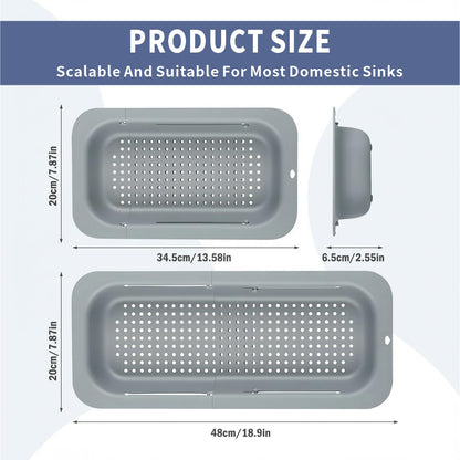 Extendable Over Sink Colander, 13.58-18.9 Inch Expandable Drain Basket, Ideal for Washing Produce & Draining Noodles, Fits Most Household Kitchen Sinks (Grey, 1 Pack)