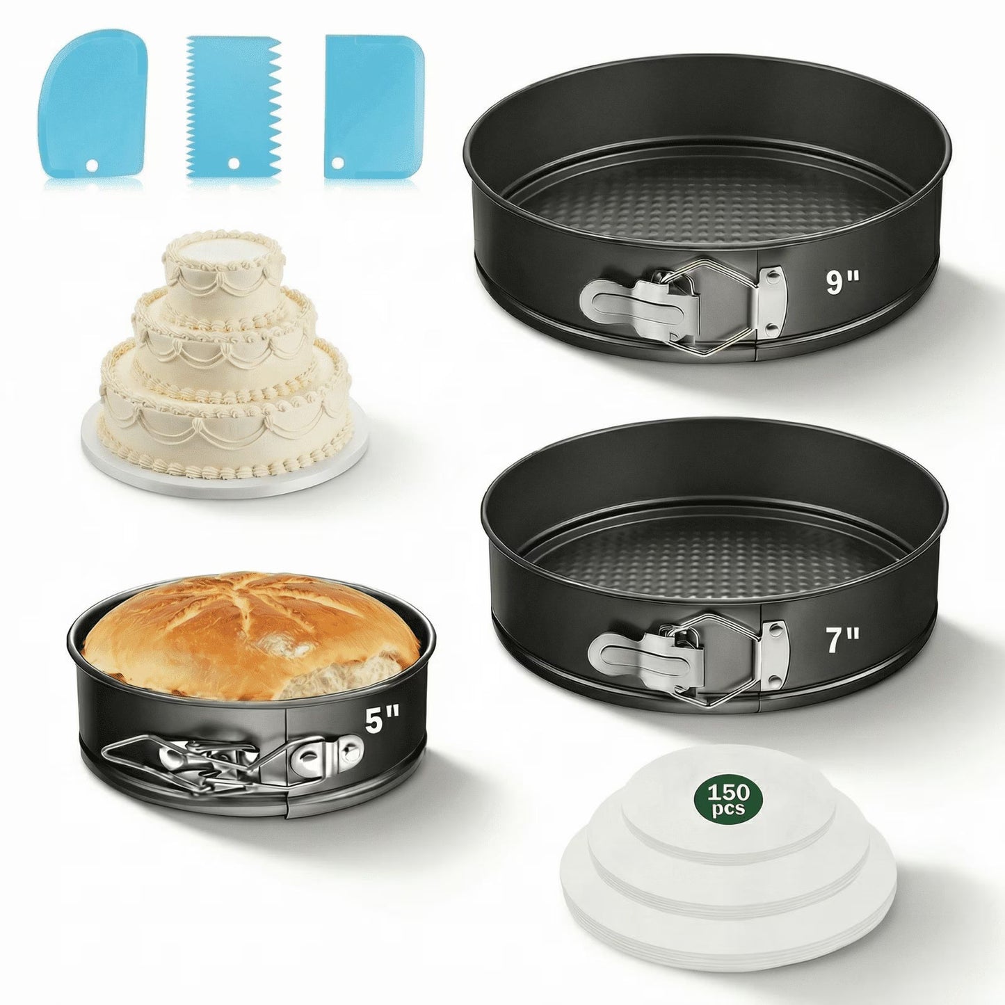 3-Piece Springform Cake Pan Set with Bonus Tools - 5"/7"/9" Round Nonstick Bakeware for Cheesecake, Layer Cakes & Quiche, Includes Parchment Liners & Spatulas