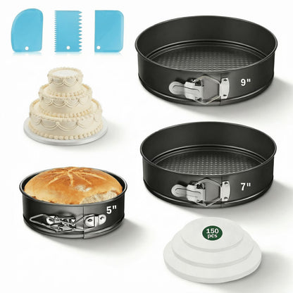 3-Piece Springform Cake Pan Set with Bonus Tools - 5"/7"/9" Round Nonstick Bakeware for Cheesecake, Layer Cakes & Quiche, Includes Parchment Liners & Spatulas