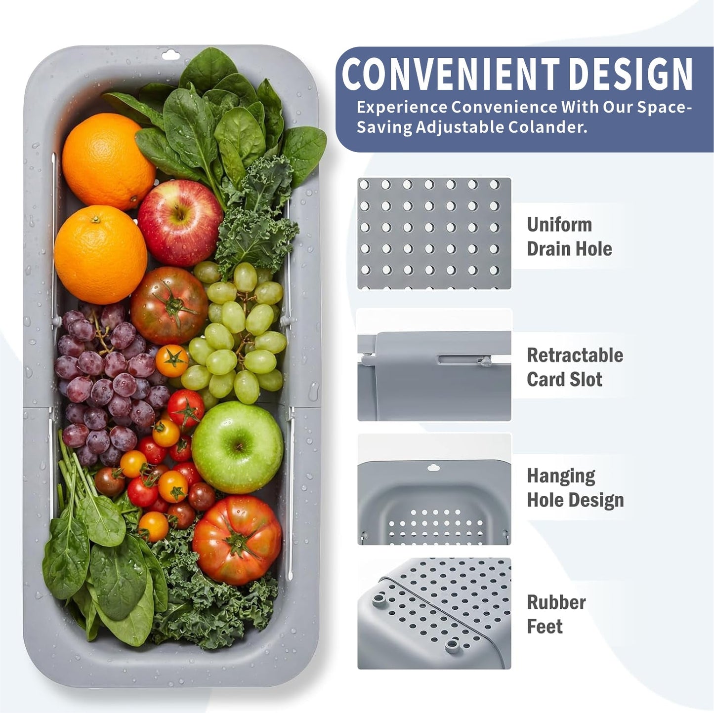 Extendable Over Sink Colander, 13.58-18.9 Inch Expandable Drain Basket, Ideal for Washing Produce & Draining Noodles, Fits Most Household Kitchen Sinks (Grey, 1 Pack)