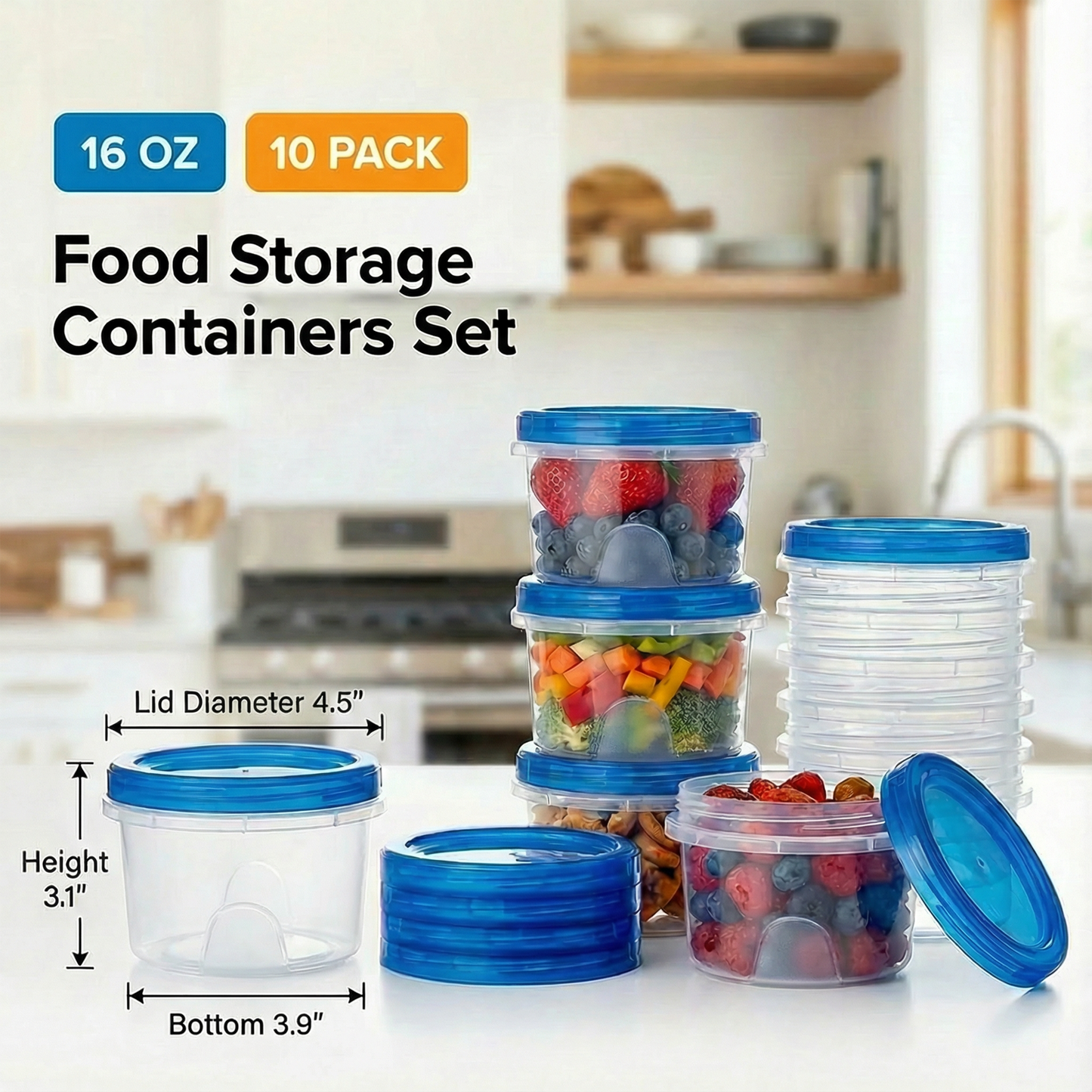 10 Pack 16 oz Freezer Storage Containers with Twist Top Lids, Stackable Reusable Food Containers for Soup, Salad, Oats & Lunch, BPA Free, Microwave & Dishwasher Safe