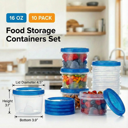 10 Pack 16 oz Freezer Storage Containers with Twist Top Lids, Stackable Reusable Food Containers for Soup, Salad, Oats & Lunch, BPA Free, Microwave & Dishwasher Safe
