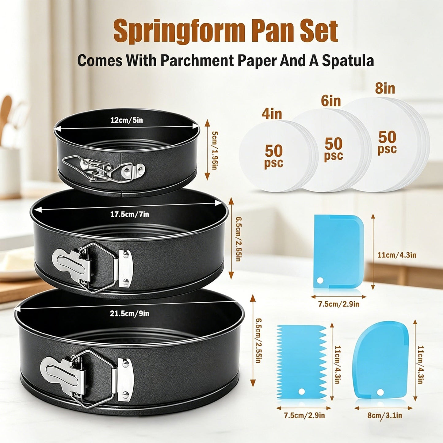 3-Piece Springform Cake Pan Set with Bonus Tools - 5"/7"/9" Round Nonstick Bakeware for Cheesecake, Layer Cakes & Quiche, Includes Parchment Liners & Spatulas