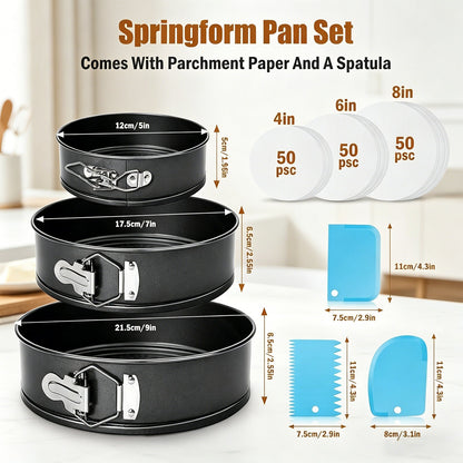 3-Piece Springform Cake Pan Set with Bonus Tools - 5"/7"/9" Round Nonstick Bakeware for Cheesecake, Layer Cakes & Quiche, Includes Parchment Liners & Spatulas