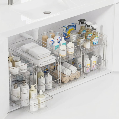 Bathroom Organizer, 4 Pack 2-Tier Clear Storage Container with Sliding Track, Under Sink & Countertop Organizer for Cabinet Drawers, Kitchen Pantry Organization