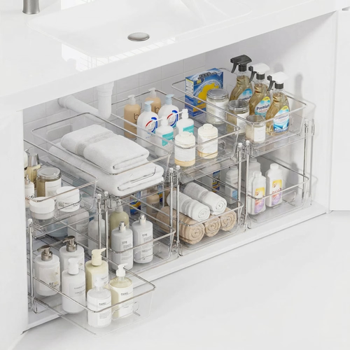 Bathroom Organizer, 4 Pack 2-Tier Clear Storage Container with Sliding Track, Under Sink & Countertop Organizer for Cabinet Drawers, Kitchen Pantry Organization