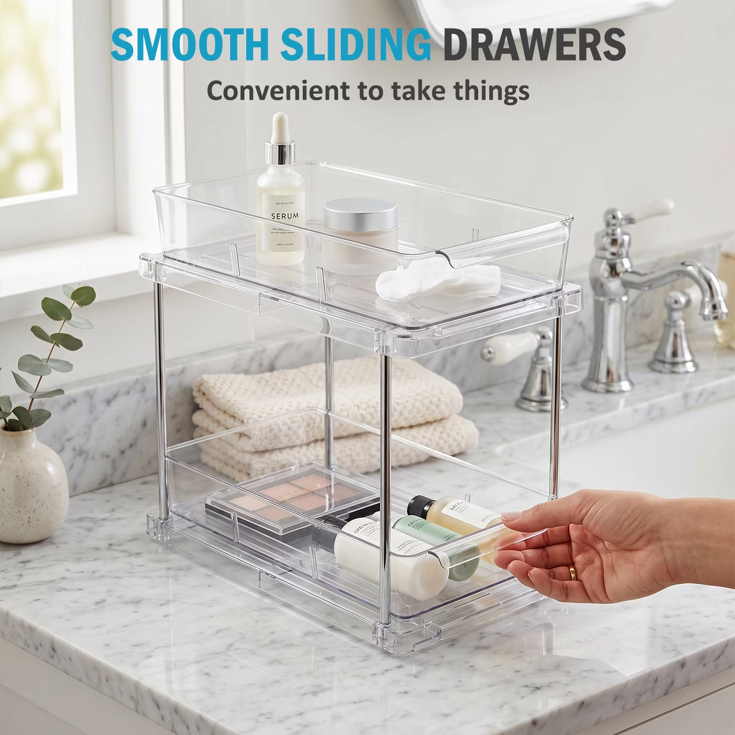 Bathroom Organizer, 4 Pack 2-Tier Clear Storage Container with Sliding Track, Under Sink & Countertop Organizer for Cabinet Drawers, Kitchen Pantry Organization