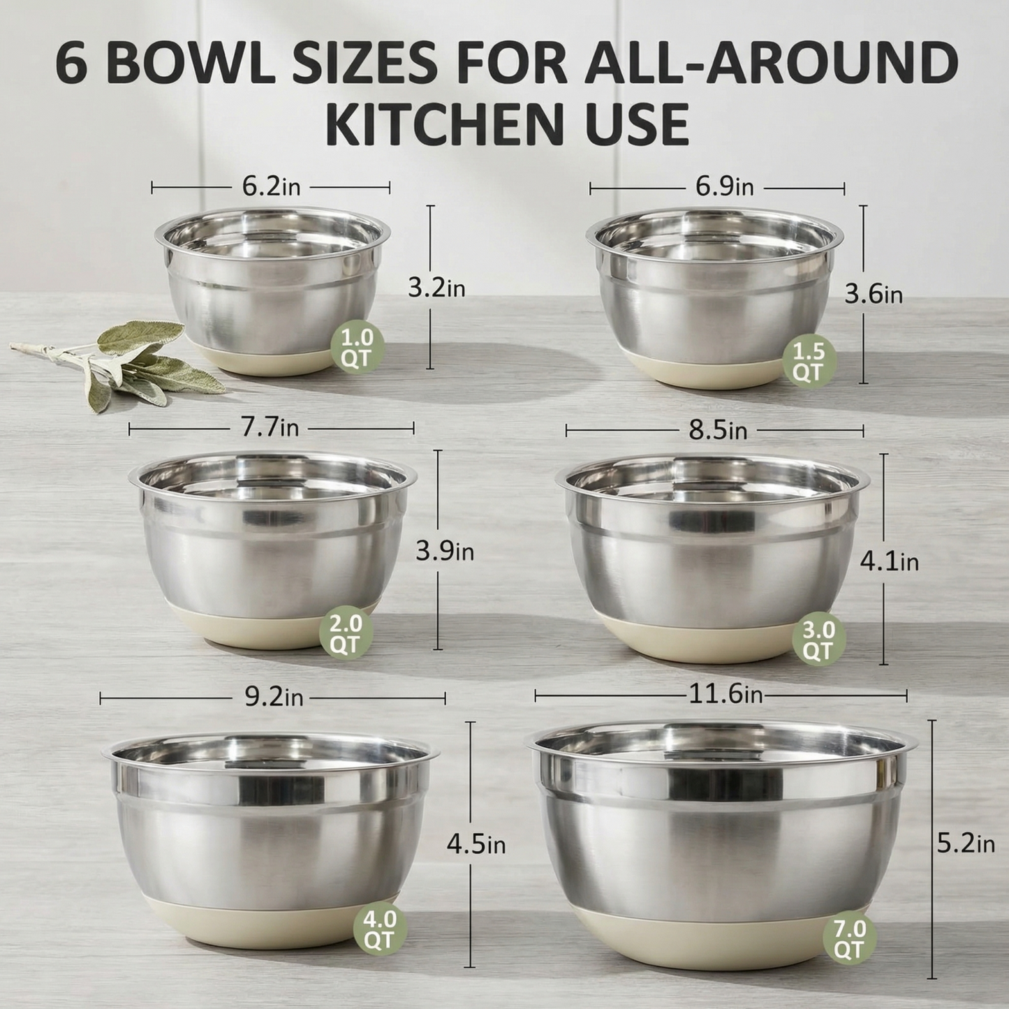 15-Piece Stainless Steel Mixing Bowl Set with Lids & Grater Attachments — 6 Nesting Sizes (7, 4, 2.5, 2, 1.5, 1 QT ), Non-Skid Silicone Base, Kitchen Prep Tools