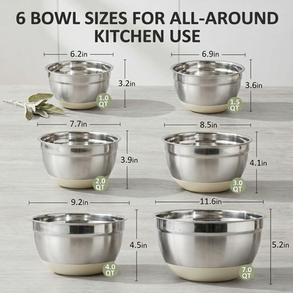 15-Piece Stainless Steel Mixing Bowl Set with Lids & Grater Attachments — 6 Nesting Sizes (7, 4, 2.5, 2, 1.5, 1 QT ), Non-Skid Silicone Base, Kitchen Prep Tools