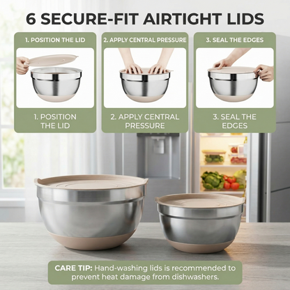 15-Piece Stainless Steel Mixing Bowl Set with Lids & Grater Attachments — 6 Nesting Sizes (7, 4, 2.5, 2, 1.5, 1 QT ), Non-Skid Silicone Base, Kitchen Prep Tools