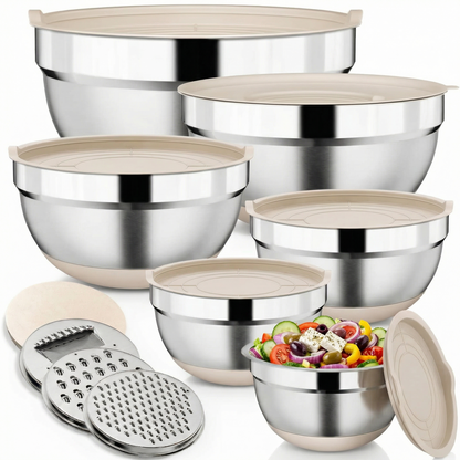 15-Piece Stainless Steel Mixing Bowl Set with Lids & Grater Attachments — 6 Nesting Sizes (7, 4, 2.5, 2, 1.5, 1 QT ), Non-Skid Silicone Base, Kitchen Prep Tools