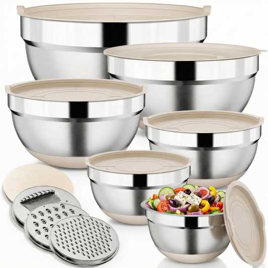 15-Piece Stainless Steel Mixing Bowl Set with Lids & Grater Attachments — 6 Nesting Sizes (7, 4, 2.5, 2, 1.5, 1 QT ), Non-Skid Silicone Base, Kitchen Prep Tools
