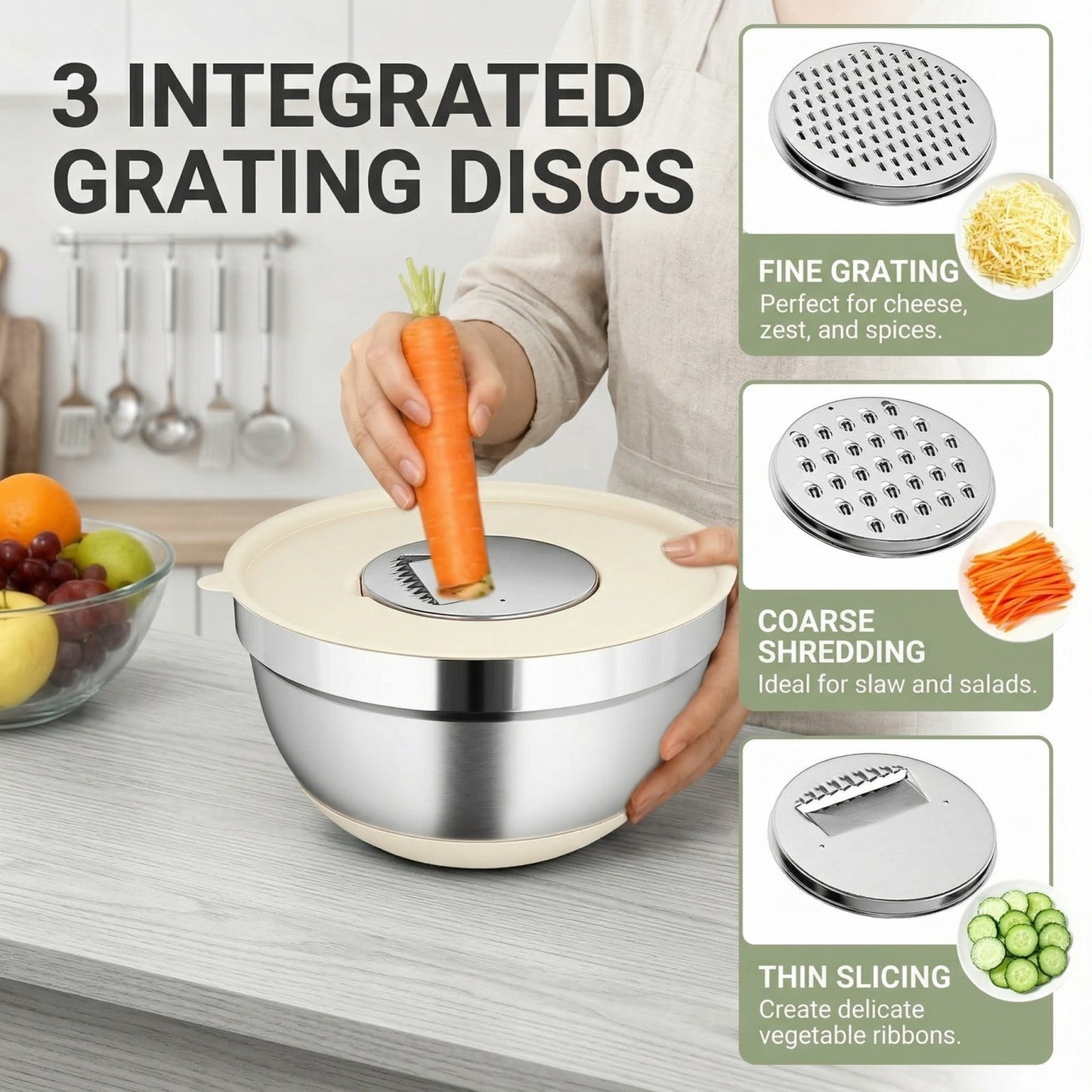 15-Piece Stainless Steel Mixing Bowl Set with Lids & Grater Attachments — 6 Nesting Sizes (7, 4, 2.5, 2, 1.5, 1 QT ), Non-Skid Silicone Base, Kitchen Prep Tools