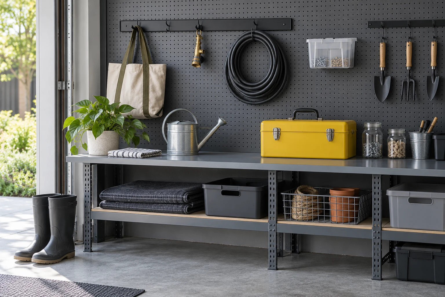 A well-organized graphite household utility wall with storage, hooks and everyday accessories